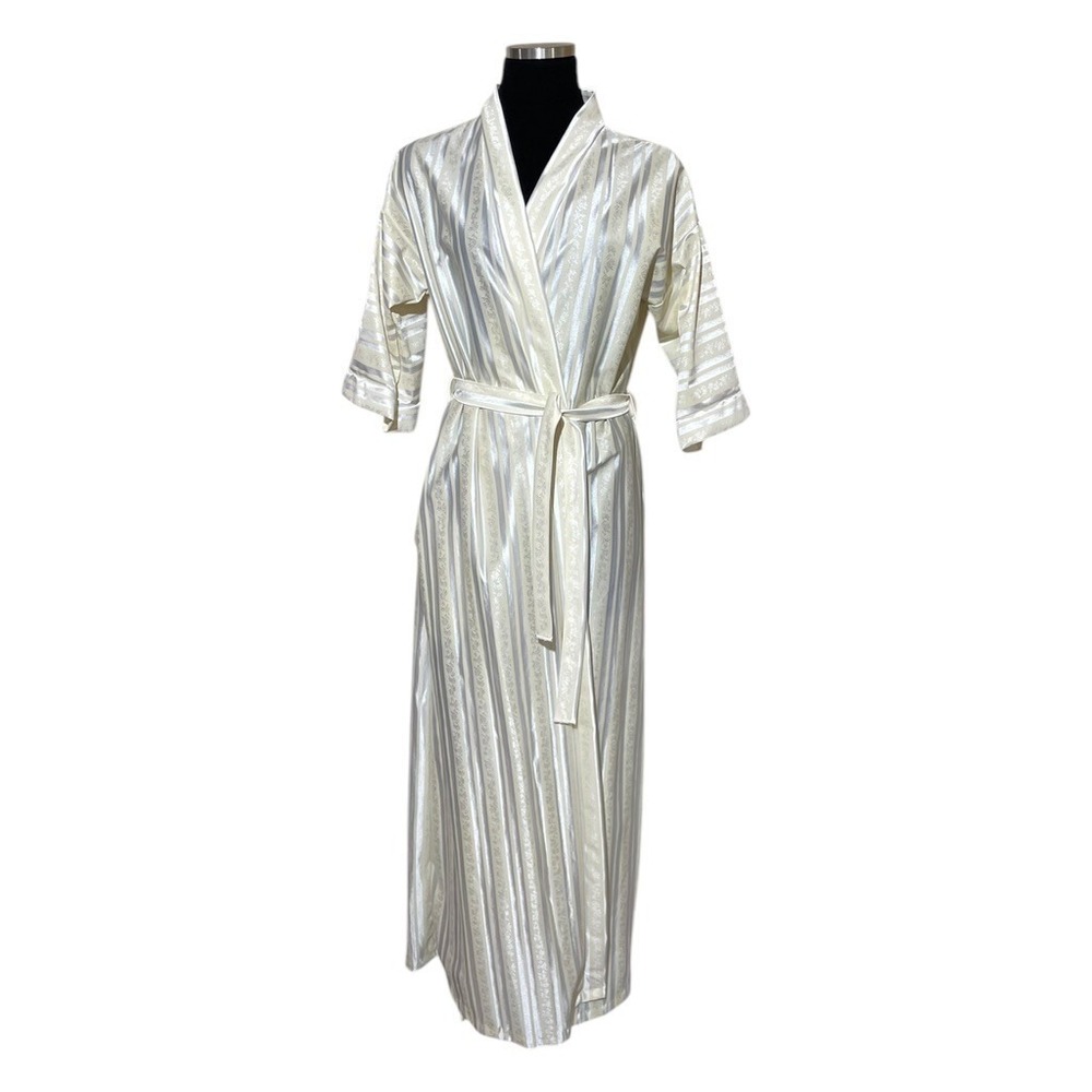 Vintage 70s 80s Robe Women M Long Satin‎ Kimono Lightweight Yellow Stripe Floral